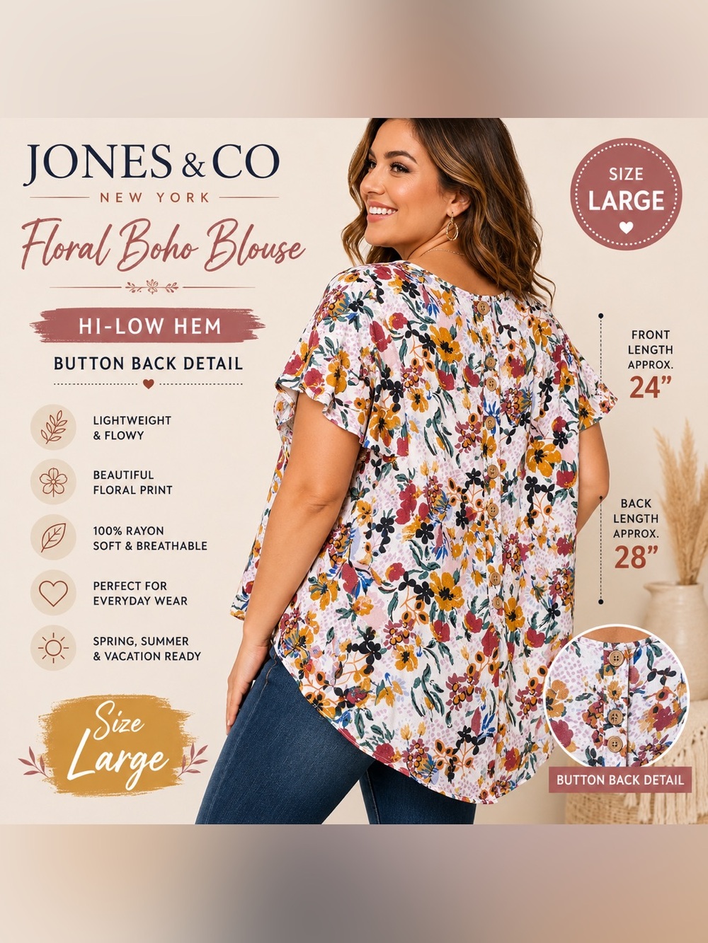 Jones & Co Floral Boho Peplum Blouse Large White Multicolor Button Back Top